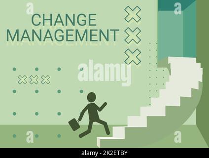 Hand writing sign Change Management. Business showcase Replacement of leadership in an organization New Policies Gentleman In Suit Running Upwards On A Large Stair Steps Showing Progress. Stock Photo