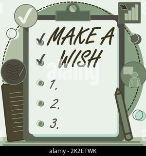 Writing displaying text Make A Wish. Business idea To have dreams desires about future events Be positive Clipboard Drawing With Checklist Marked Done Items On List. Stock Photo