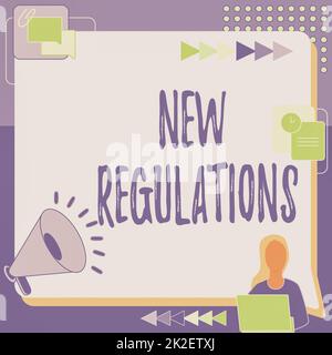 Inspiration showing sign New Regulations. Concept meaning Regulation controlling the activity usually used by rules. Woman Drawing Sitting Working Next To Megaphone Making New Announcement Stock Photo