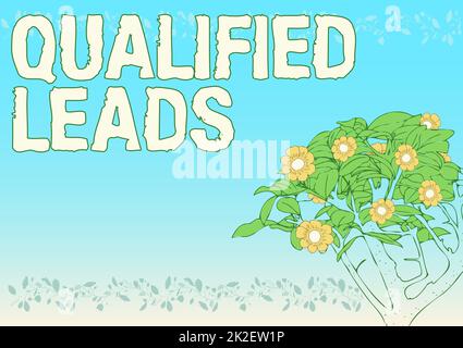 Conceptual caption Qualified Leads. Business showcase lead judged likely to become a customer compared to other Blank Frame Decorated With Abstract Modernized Forms Flowers And Foliage. Stock Photo
