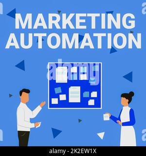 Text sign showing Marketing Automation. Concept meaning Software used by company to effectively target customer Illustration Of Couple Presenting Ideas Holding Notes Sticking On Boards. Stock Photo