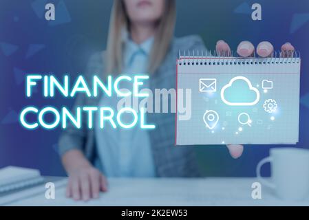 Conceptual display Finance Control. Word Written on procedures that are implemented to manage finances Lady Pressing Screen Of Mobile Phone Showing The Futuristic Technology Stock Photo