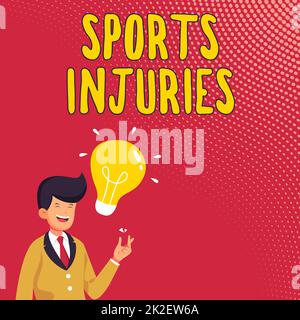 Inspiration showing sign Sports Injuries. Business idea kinds of injury that occur during sports or exercise Gentleman Drawing Standing Having New Idea Presented With Light Bulb. Stock Photo