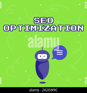 Conceptual caption Seo Optimization. Word Written on process of affecting online visibility of website or page Cute Floating Robot Telling Us New Wonderful Information In A Chat Cloud. Stock Photo