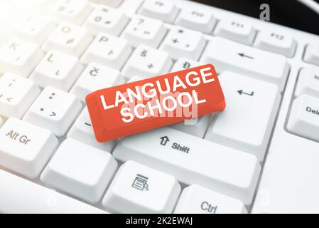 Text caption presenting Language School. Business approach educational institution focusing on foreign languages Connecting With Online Friends, Making Acquaintances On The Internet Stock Photo