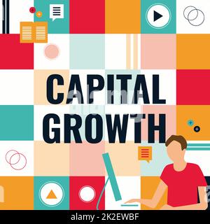 Writing displaying text Capital Growth. Business overview increase in the value of an asset or investment over time Businessman Innovative Thinking Leading Ideas Towards Stable Future. Stock Photo