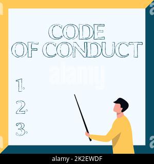 Writing displaying text Code Of Conduct. Business showcase Ethics rules moral codes ethical principles values respect Instructor Drawing Holding Stick Pointing Board Showing New Lessons. Stock Photo