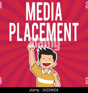 Conceptual display Media Placement. Business concept the method of placing your ad message using the media Cheerful Man Enjoying Accomplishment With Spiral Background Raising Hand. Stock Photo