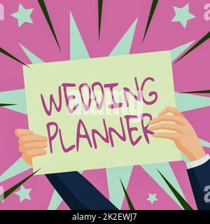 Sign displaying Wedding Planner. Business overview Wedding Planner Hands Holding Paper Showing New Ideas Surrounded With Stars. Stock Photo