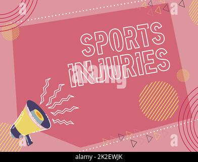 Handwriting text Sports Injuries. Word Written on kinds of injury that occur during sports or exercise Illustration Of A Loud Megaphone Making New Wonderful Announcement Public Stock Photo