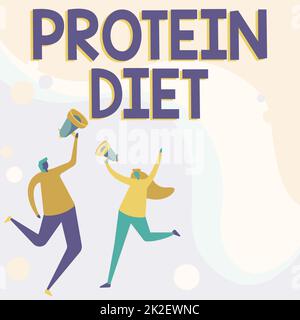 Text caption presenting Protein Diet. Business showcase low in fat or carbohydrate consumption weight loss plan Illustration Of Partners Jumping Around Sharing Thoughts Through Megaphone. Stock Photo