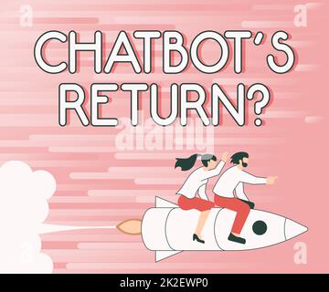 Text showing inspiration Chatbot s is Return Question. Word for program that communicate use text interface and AI Illustration Of Happy Partners Riding On Rocket Ship Exploring World. Stock Photo