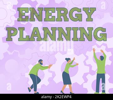 Text caption presenting Energy Planning. Business concept making of a strategy and plan for the consumption of energy Colleagues Carrying Cogwheels Arranging New Workflow Achieving Teamwork. Stock Photo