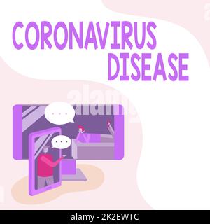 Conceptual display Coronavirus Disease. Business idea defined as illness caused by a novel virus SARSCoV2 Two Colleagues Sharing Thoughts With Speech Bubbles Popping Out From Phones Stock Photo