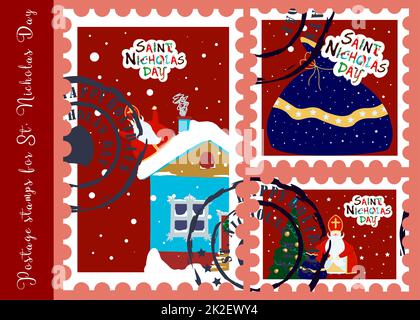 December 6. St. Nicolas day. Sinterkalaas. Winter Christian holiday for children. Christmas Holidays. Postage stamps for St. Nicholas. Stickers for envelopes. Vector festive postage stamps Stock Photo