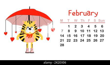 Funny kids calendar for 2022. Year of the tiger symbol 2022.Vector illustration. Schedule, weekly Stock Photo