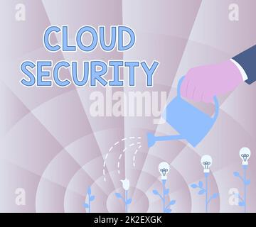 Conceptual caption Cloud Security. Word for Protect the stored information safe Controlled technology Hand Holding Water Can Watering Plants Growing Newest Project Ideas. Stock Photo