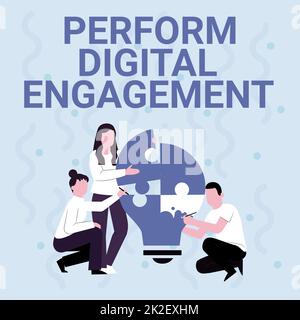 Text sign showing Perform Digital Engagement. Business concept engage your audience Crowd with the power of the social network Employee Drawing Helping Each Other Building Light Bulb Jigsaw Puzzle. Stock Photo