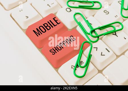 Text sign showing Mobile Shopping. Business overview to purchase merchandise conducted using a cellphone Abstract Typing Presentation Message, Retyping New Email Password Stock Photo