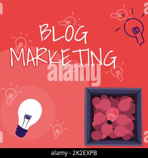 Sign displaying Blog Marketing. Concept meaning any process that publicises or advertises a website via blog Glowing Light Bulb Drawing In Box Displaying Fresh Discoveries. Stock Photo