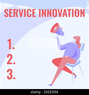 Text showing inspiration Service Innovation. Business approach Improved Product Line Services Introduce upcoming trend Woman Drawing Holding Megaphone Sitting On A Chair Crossed Legs. Stock Photo
