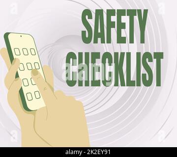 Conceptual display Safety Checklist. Internet Concept list of items you need to verify, check or inspect Hands Holding Technological Device Pressing Application Button. Stock Photo