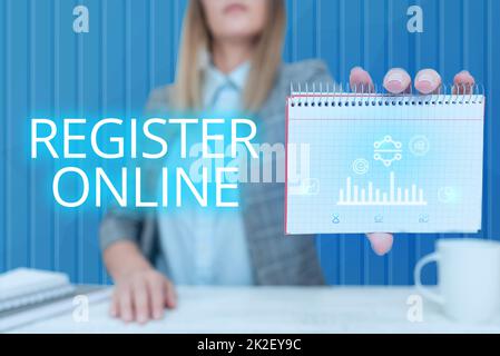 Text sign showing Register Online. Business showcase official list or record showing or things into web or forum Lady Pressing Screen Of Mobile Phone Showing The Futuristic Technology Stock Photo