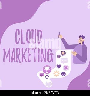 Conceptual caption Cloud Marketing. Word Written on The process of an organisation to market their services Lady Presenting Paper Showing Her Accomplishments Goals Project Ideas. Stock Photo