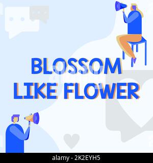 Sign displaying Blossom Like Flower. Conceptual photo plant or tree that will form the seeds or fruit Man Standing And Woman Sitting Both Holding Megaphone With Message Symbol. Stock Photo