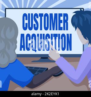 Text caption presenting Customer Acquisition. Word Written on persuading a consumer to purchase a company s is goods Couple Drawing Using Desktop Computer Accomplishing Their Work. Stock Photo