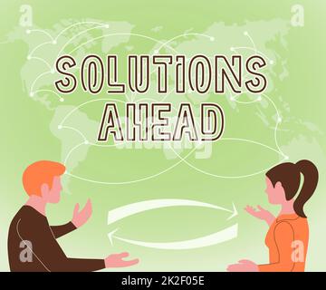 Text caption presenting Solutions Ahead. Business approach in advance action or process of solving a problem or issue Two Teammates Discussing New Ideas World Map Brainstorming New Solutions. Stock Photo