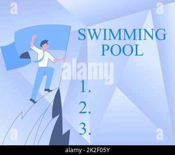 Text caption presenting Swimming Pool. Word for Structure designed to hold water for leisure activities Man On A Mountain Drawing Proud Of His Climbing Success To The Clouds. Stock Photo