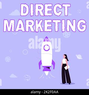 Text showing inspiration Direct Marketing. Word Written on business of selling products or services to public Illustration Of Casual Girl Standing Beside Rocket Ship Ready To Launch Stock Photo