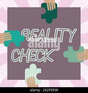 Conceptual caption Reality Check. Business idea one is reminded of the state of things in the real world Illustration Of Hands Holding Puzzle Pieces Each Sides Of Box. Stock Photo