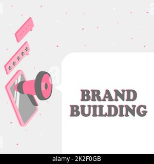 Handwriting text Brand Building. Business approach Generating awareness Establishing and promoting company Monitor Drawing With Megaphone Producing Lighting To Message Stock Photo