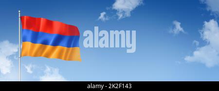 Armenian flag isolated on a blue sky. Horizontal banner Stock Photo