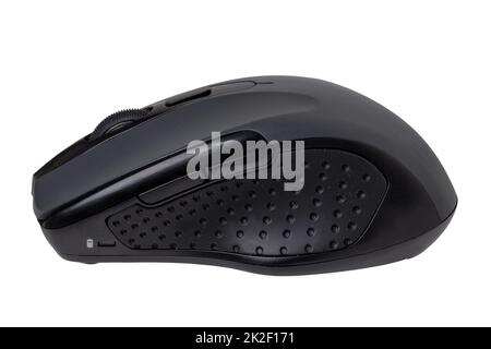 Wireless black computer mouse isolated on a white background. Home office, remote work during corona pandemic. Clipping path. Macro. Stock Photo
