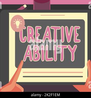 Inspiration showing sign Creative Ability. Word Written on able to function at the maximum level of competence Illustration Of A Hand Using Big Tablet Searching Plans For New Amazing Ideas Stock Photo