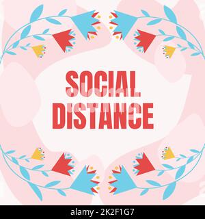 Text caption presenting Social Distance. Conceptual photo maintaining a high interval physical distance for public health safety Text Frame Surrounded With Assorted Flowers Hearts And Leaves. Stock Photo