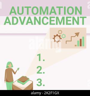 Text caption presenting Automation Advancement. Conceptual photo application of machines tasks once performed humans Lady Standing Holding Projector Remote Control Presenting Graph Growth. Stock Photo