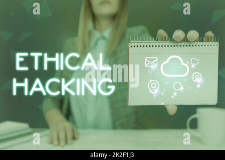 Inspiration showing sign Ethical Hacking. Word for act of locating weaknesses and vulnerabilities of computer Lady Pressing Screen Of Mobile Phone Showing The Futuristic Technology Stock Photo