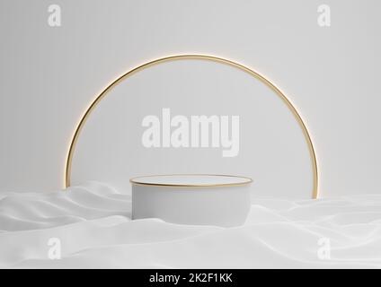 White, light gray, black and white 3D rendering luxurious product display podium or stand minimal composition with golden arch line in background and light Stock Photo