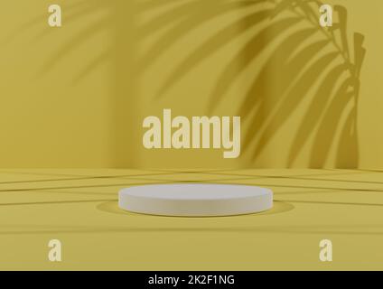 Simple, Minimal 3D Render Composition with One White Cylinder Podium or Stand on Abstract Shadow Yellow Background for Product Display. Stock Photo