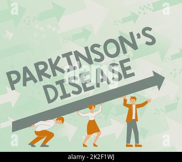 Conceptual caption Parkinson s is Disease. Word Written on nervous system disorder that affects movement Four Colleagues Drawing Standing Holding Large Arrow For Success. Stock Photo