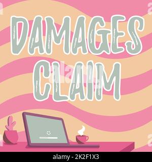 Text sign showing Damages Claim. Concept meaning Demand upon the insurer for compensation for a damage Office Desk Drawing With Laptop Pen Holder And An Open And Arranged Stock Photo