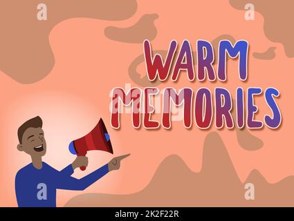 Handwriting text Warm Memories. Word for Warm Memories Man Drawing Pointing Away Holding Megaphone Making New Announcement. Stock Photo