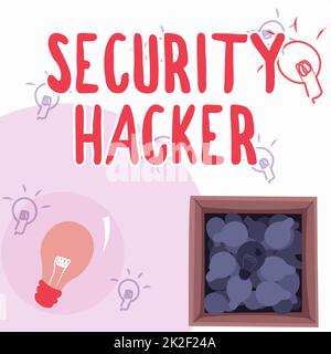 Text showing inspiration Security Hacker. Business idea someone who explores methods for breaching defenses Glowing Light Bulb Drawing In Box Displaying Fresh Discoveries. Stock Photo