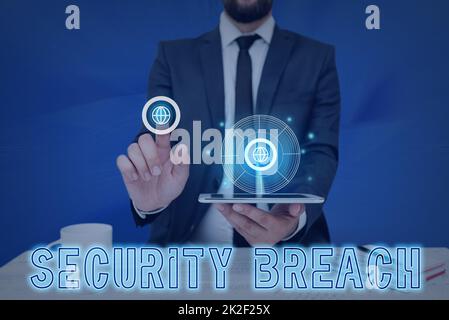 Conceptual caption Security Breach. Word for incident that results in unauthorized access of data Man holding Screen Of Mobile Phone Showing The Futuristic Technology. Stock Photo