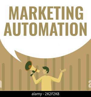 Sign displaying Marketing Automation. Internet Concept Software used by company to effectively target customer Man Drawing Holding Megaphone With Big Speech Bubble Showing Message. Stock Photo