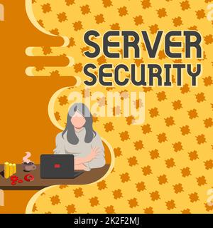 Conceptual display Server Security. Word Written on web server that guarantees secure online transactions Woman Sitting Using Laptop Online Session Discussing Latest Projects. Stock Photo